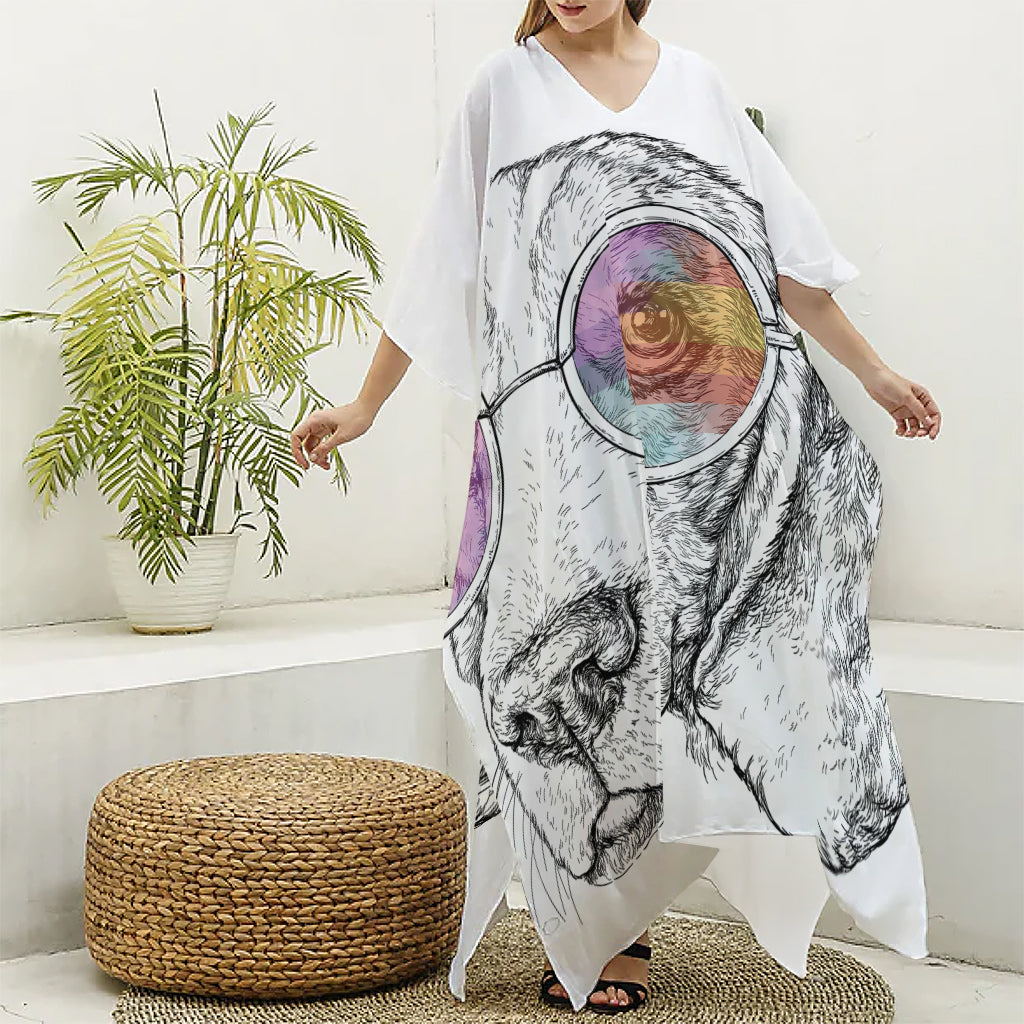 Hipster Beagle With Glasses Print Silk V-Neck Kaftan Dress