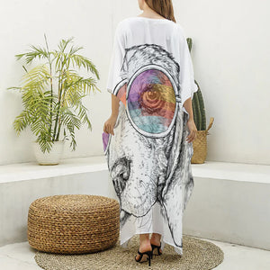 Hipster Beagle With Glasses Print Silk V-Neck Kaftan Dress