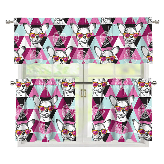 Hipster Chihuahua Pattern Print 3 Piece Kitchen Curtains