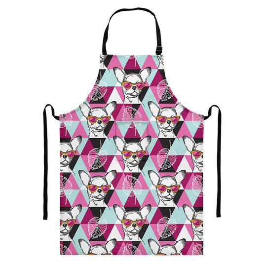 Hipster Chihuahua Pattern Print Bib Apron With Pocket