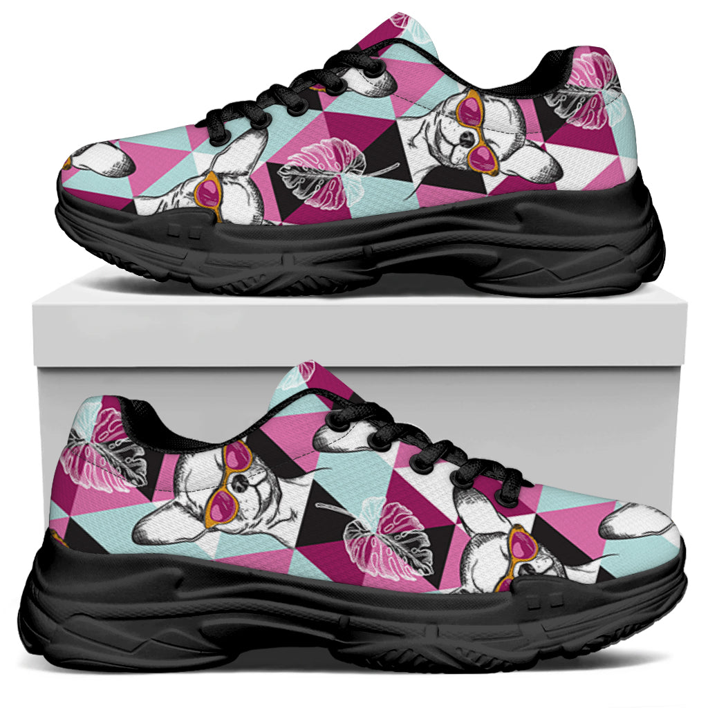 Hipster Chihuahua Pattern Print Black Chunky Shoes