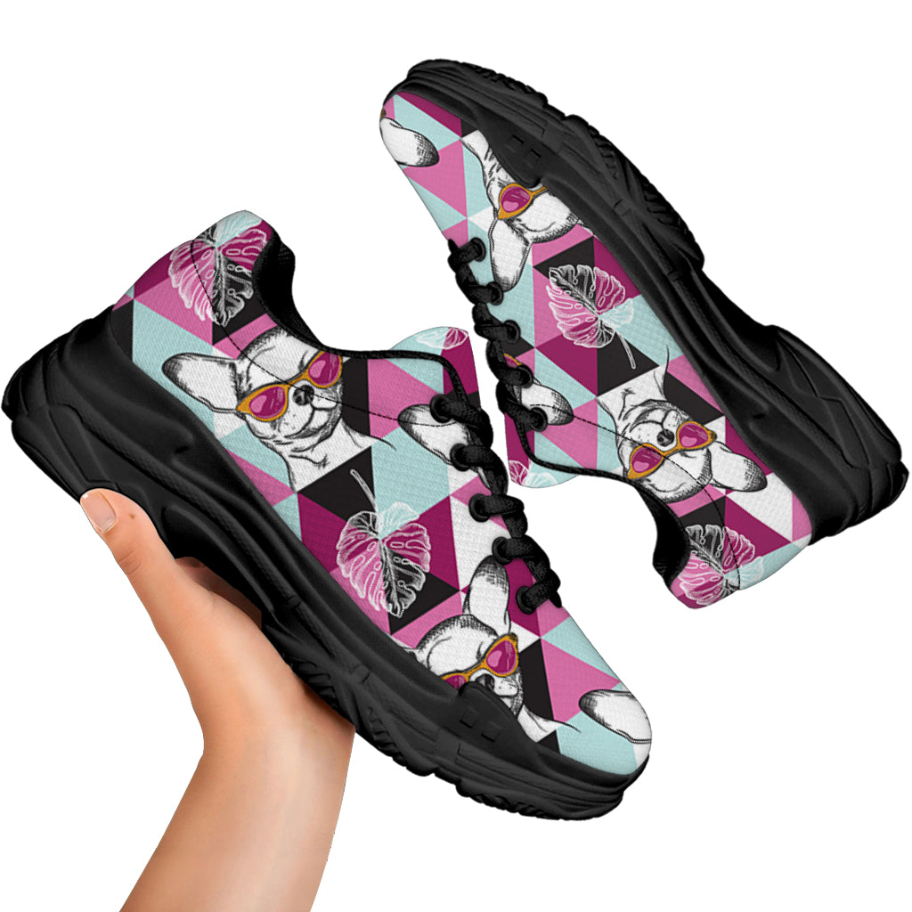 Hipster Chihuahua Pattern Print Black Chunky Shoes