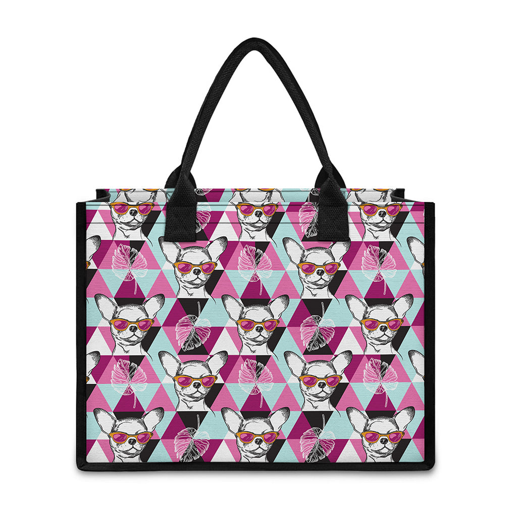 Hipster Chihuahua Pattern Print Canvas Tote Bag