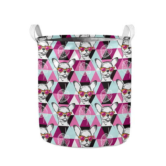 Hipster Chihuahua Pattern Print Collapsible Laundry Basket