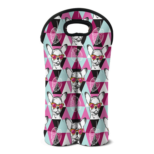Hipster Chihuahua Pattern Print Double Neoprene Wine Tote