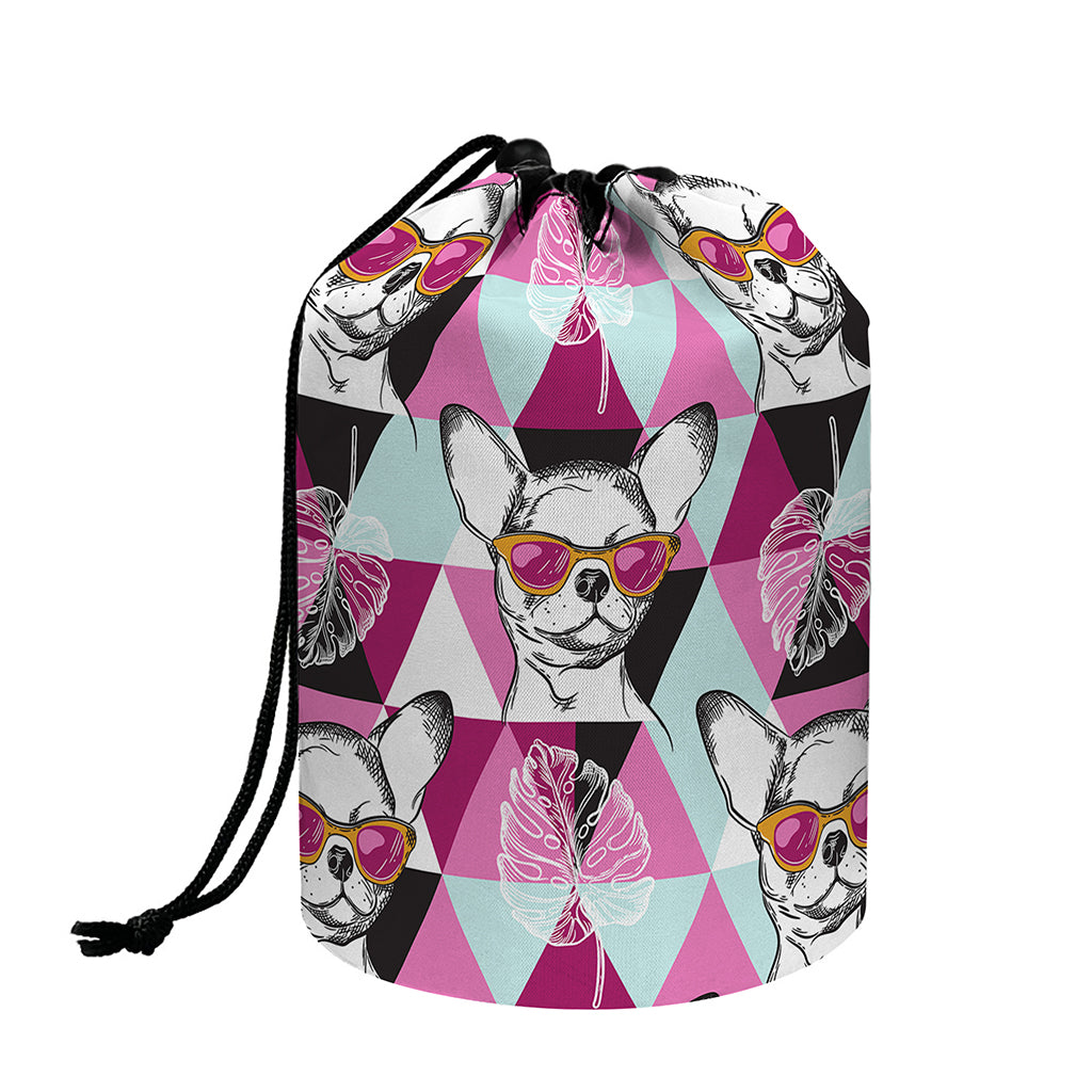 Hipster Chihuahua Pattern Print Drawstring Makeup Bag