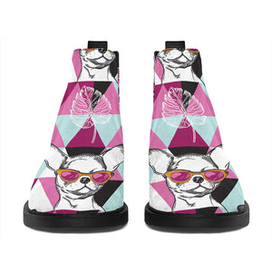 Hipster Chihuahua Pattern Print Flat Ankle Boots