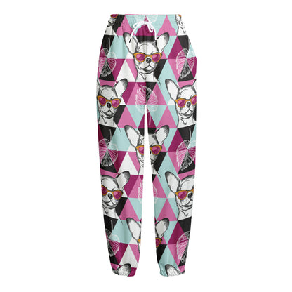 Hipster Chihuahua Pattern Print Fleece Lined Knit Pants