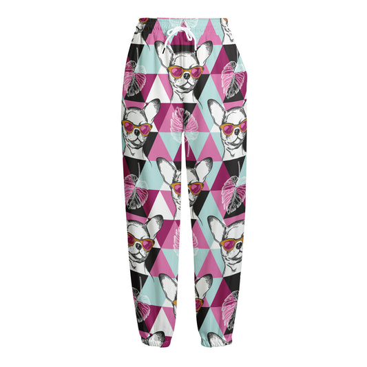 Hipster Chihuahua Pattern Print Fleece Lined Knit Pants