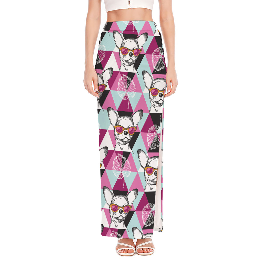 Hipster Chihuahua Pattern Print High Slit Maxi Skirt