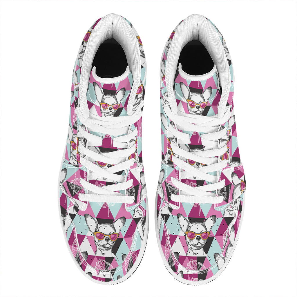 Hipster Chihuahua Pattern Print High Top Leather Sneakers