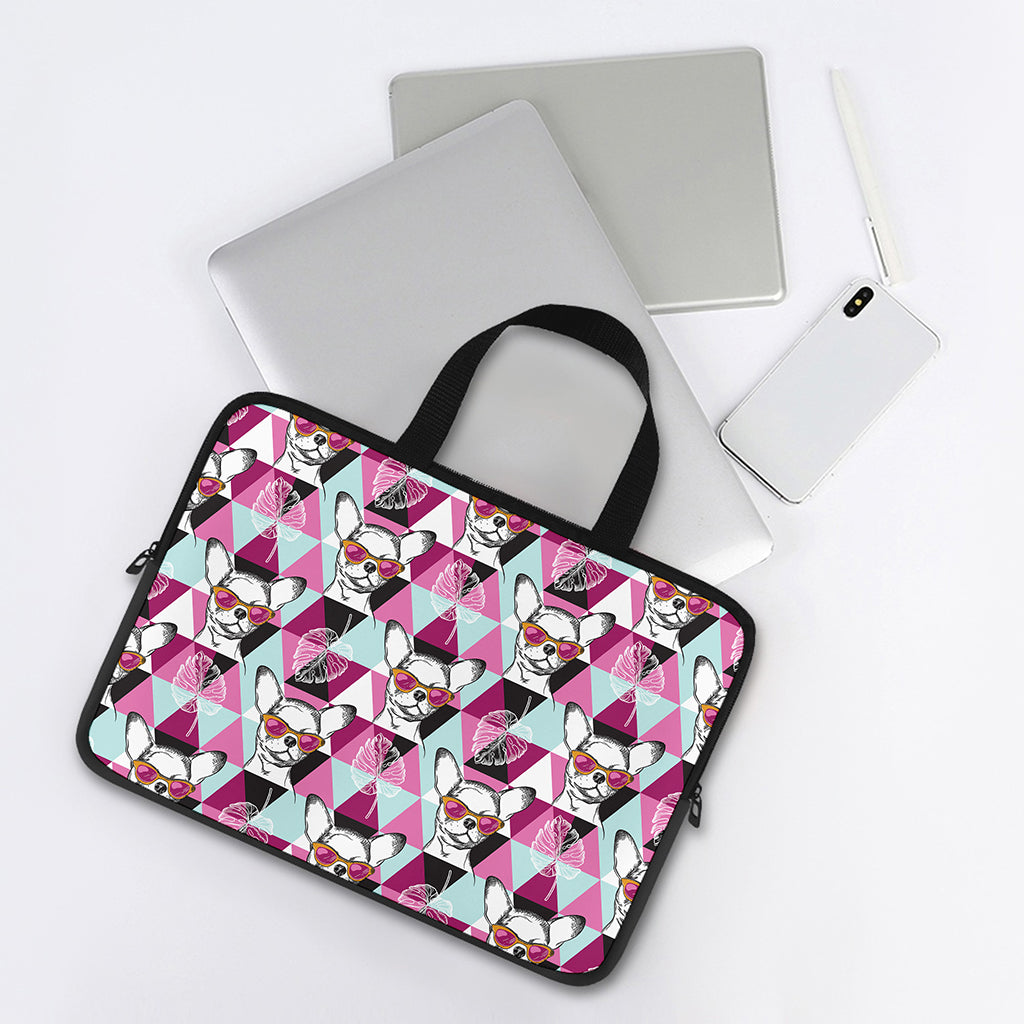 Hipster Chihuahua Pattern Print Laptop Sleeve With Handle