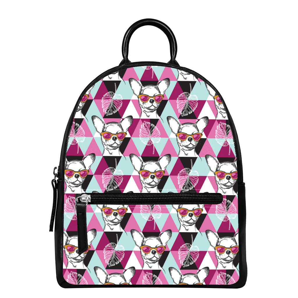 Hipster Chihuahua Pattern Print Leather Backpack