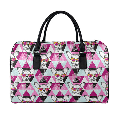 Hipster Chihuahua Pattern Print Leather Duffle Bag