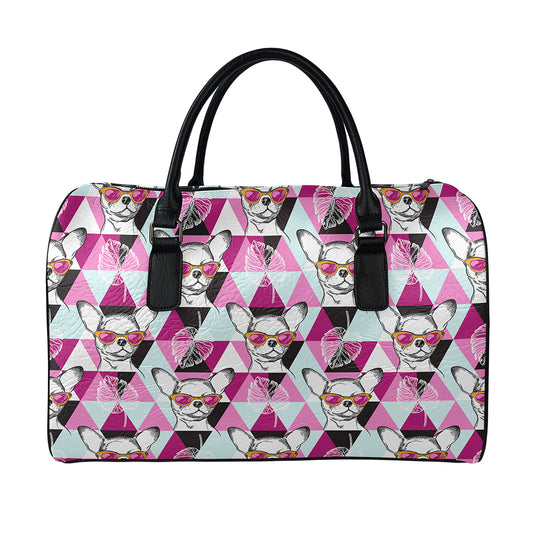 Hipster Chihuahua Pattern Print Leather Duffle Bag