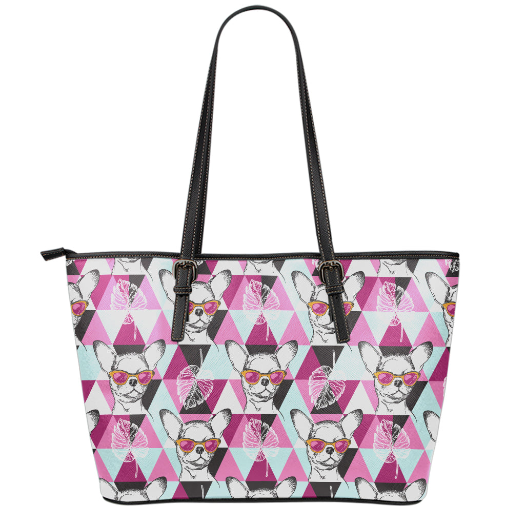 Hipster Chihuahua Pattern Print Leather Tote Bag