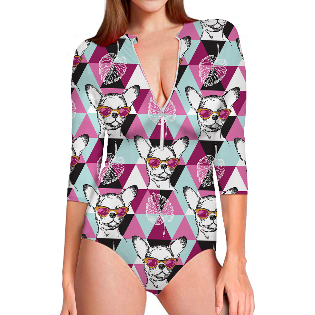 Hipster Chihuahua Pattern Print Long Sleeve Swimsuit