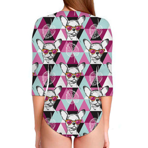 Hipster Chihuahua Pattern Print Long Sleeve Swimsuit