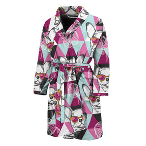 Hipster Chihuahua Pattern Print Men's Bathrobe