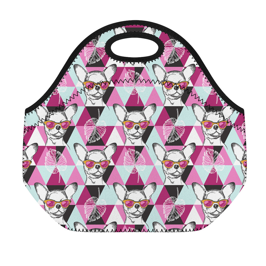 Hipster Chihuahua Pattern Print Neoprene Lunch Bag