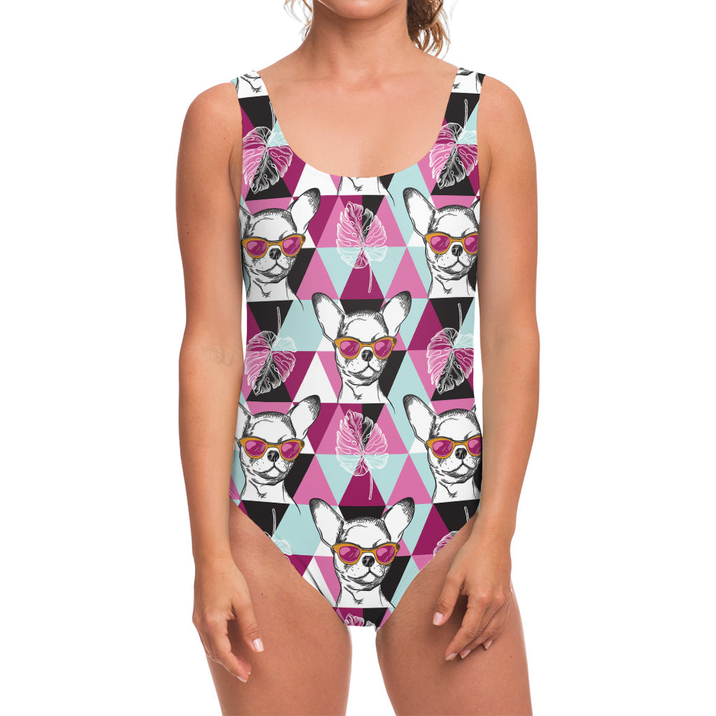 Hipster Chihuahua Pattern Print One Piece Swimsuit