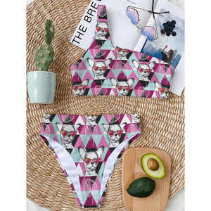 Hipster Chihuahua Pattern Print One Shoulder Bikini Top