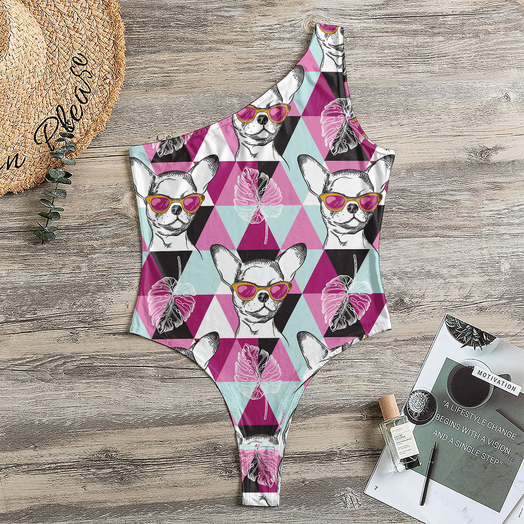 Hipster Chihuahua Pattern Print One Shoulder Bodysuit