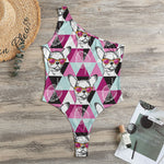 Hipster Chihuahua Pattern Print One Shoulder Bodysuit