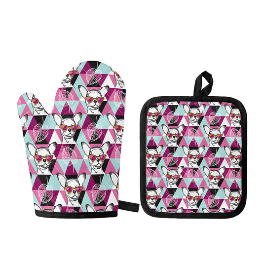 Hipster Chihuahua Pattern Print Oven Mitt And Pot Holder Set