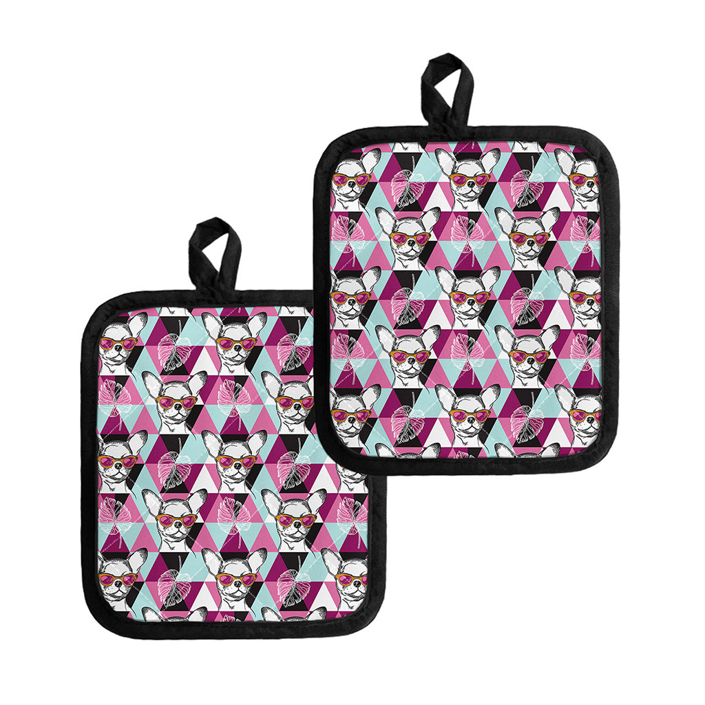 Hipster Chihuahua Pattern Print Pot Holders