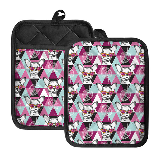 Hipster Chihuahua Pattern Print Pot Holders With Pocket