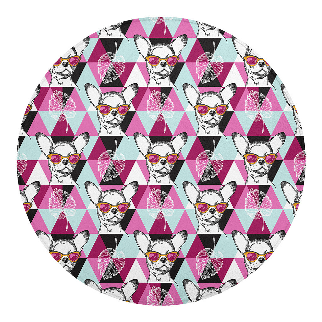 Hipster Chihuahua Pattern Print Round Blanket