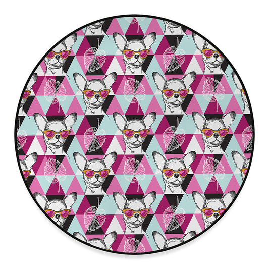 Hipster Chihuahua Pattern Print Round Floor Mat