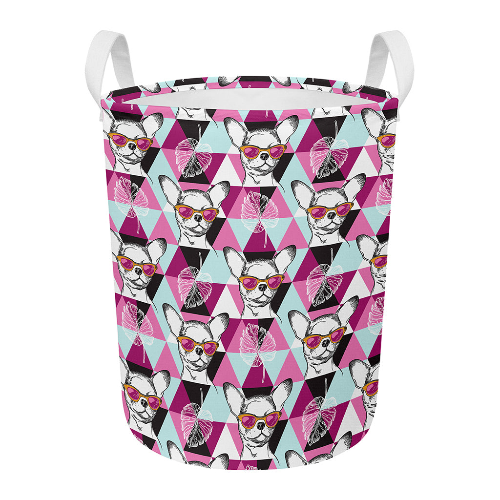 Hipster Chihuahua Pattern Print Round Laundry Basket