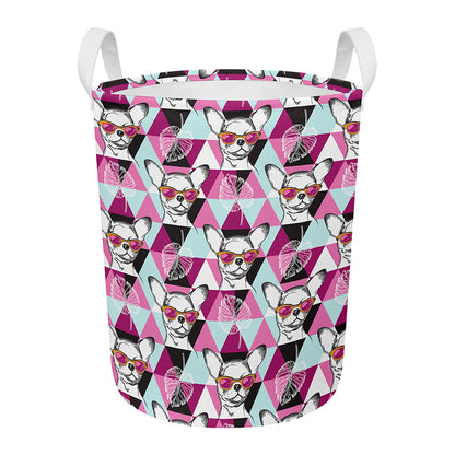 Hipster Chihuahua Pattern Print Round Laundry Basket