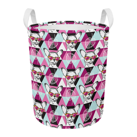 Hipster Chihuahua Pattern Print Round Laundry Basket