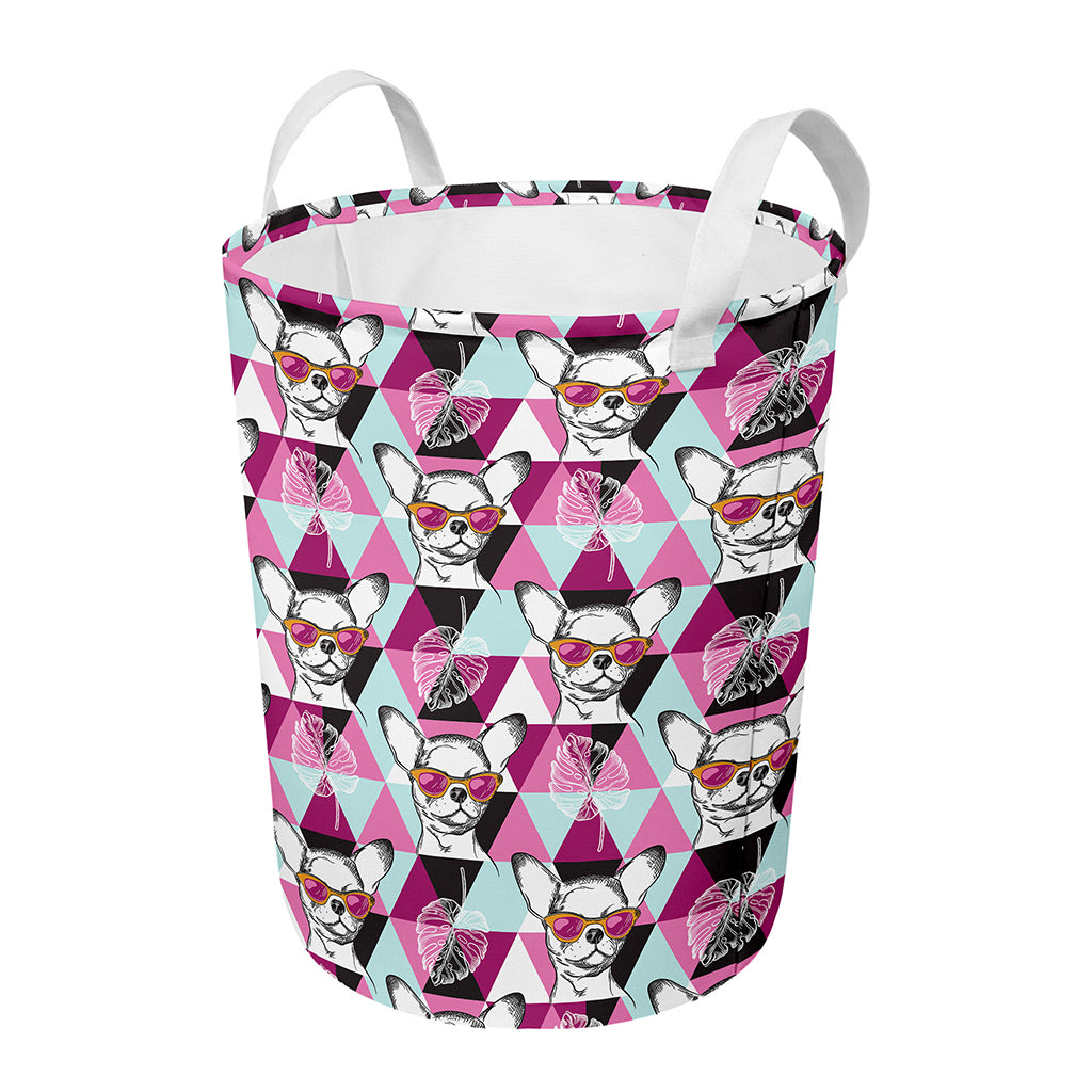 Hipster Chihuahua Pattern Print Round Laundry Basket