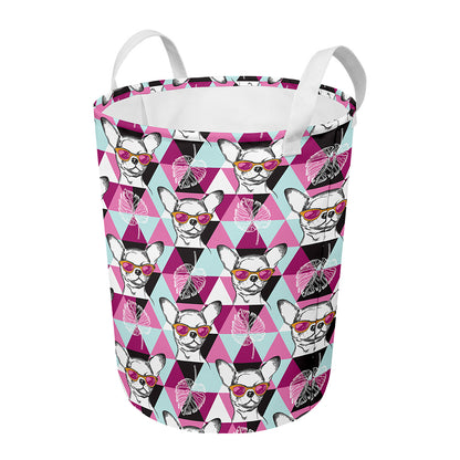 Hipster Chihuahua Pattern Print Round Laundry Basket