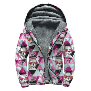 Hipster Chihuahua Pattern Print Sherpa Lined Zip Up Hoodie