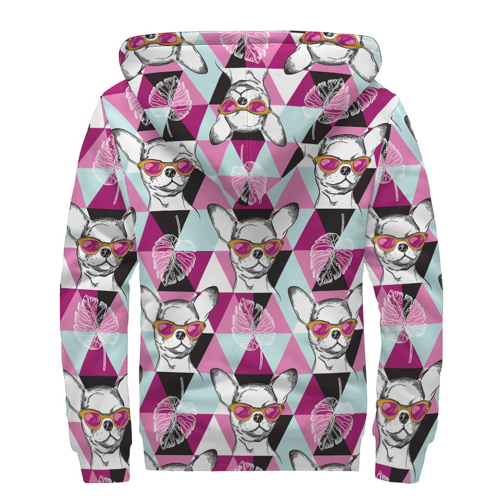 Hipster Chihuahua Pattern Print Sherpa Lined Zip Up Hoodie