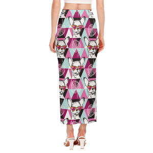 Hipster Chihuahua Pattern Print Side Slit Maxi Skirt