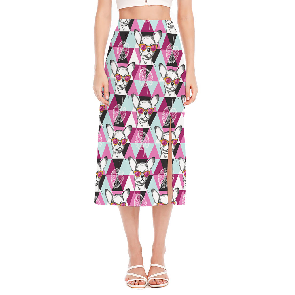 Hipster Chihuahua Pattern Print Side Slit Midi Skirt