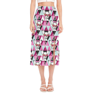 Hipster Chihuahua Pattern Print Side Slit Midi Skirt