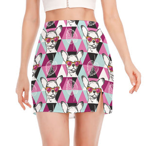 Hipster Chihuahua Pattern Print Side Slit Mini Skirt