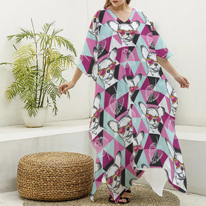 Hipster Chihuahua Pattern Print Silk V-Neck Kaftan Dress