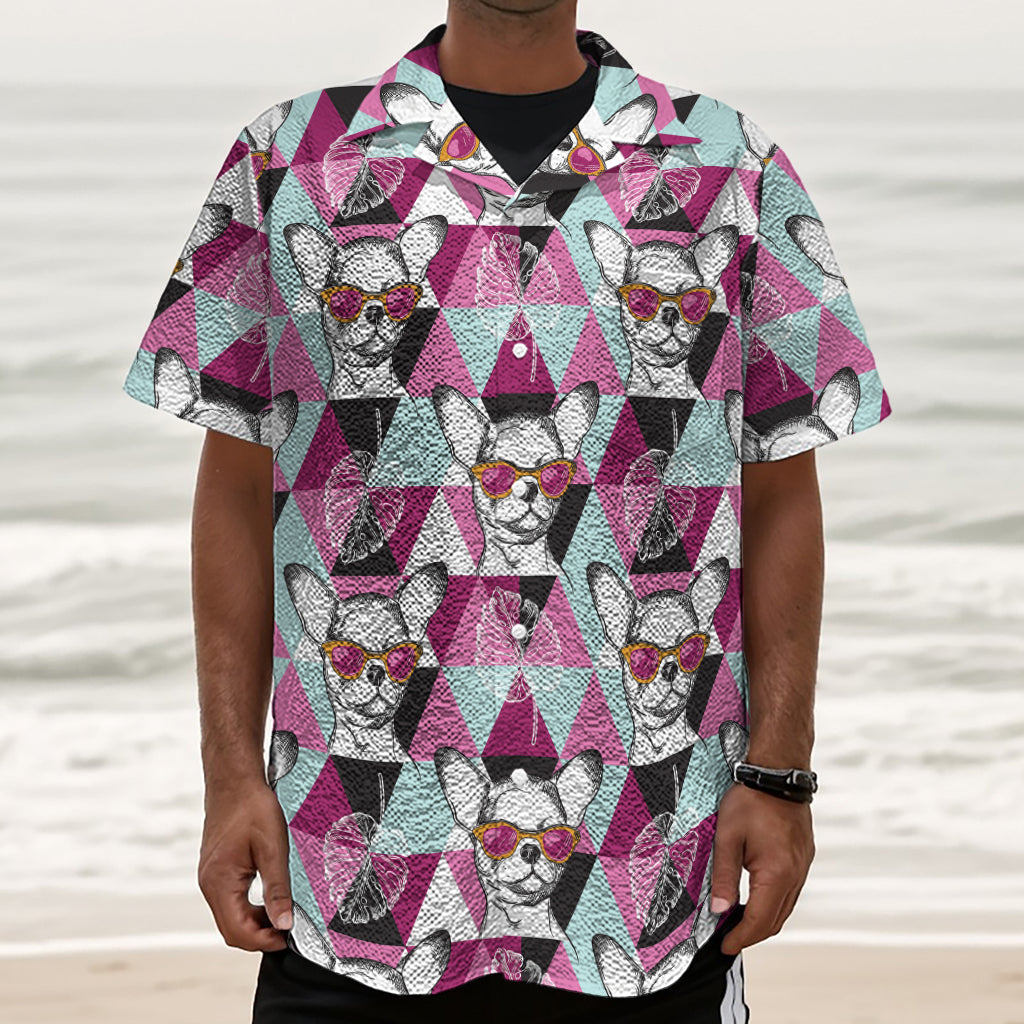 Hipster Chihuahua Pattern Print Textured Short Sleeve Shirt