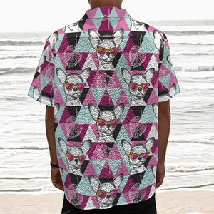 Hipster Chihuahua Pattern Print Textured Short Sleeve Shirt