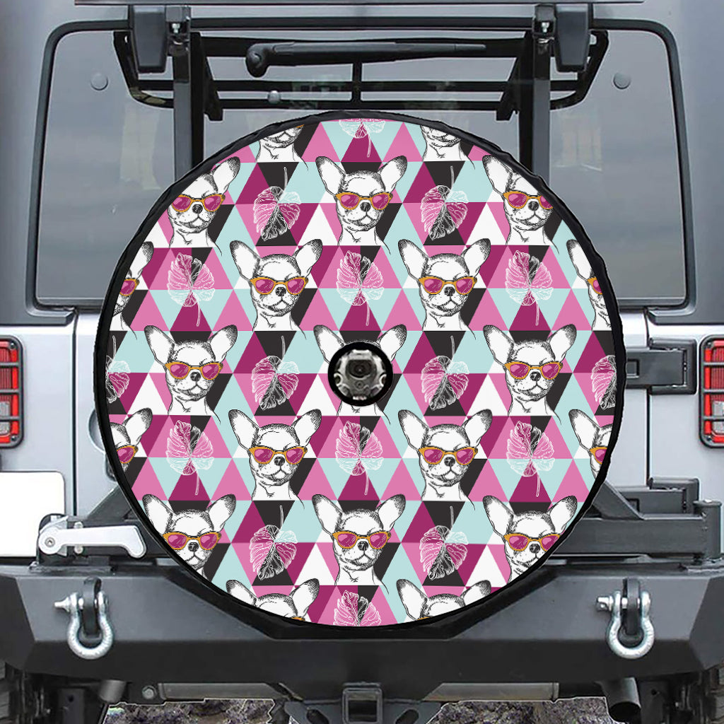 Hipster Chihuahua Pattern Print Tire Cover With Camera Hole
