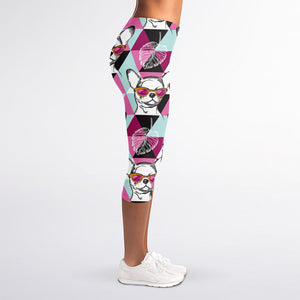 Hipster Chihuahua Pattern Print Women's Capri Leggings