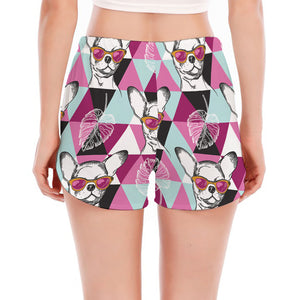 Hipster Chihuahua Pattern Print Women's Split Running Shorts